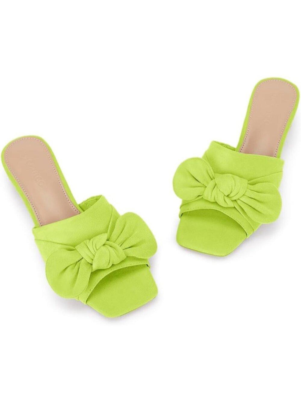 Women's Green Faux Suede Summer Square Open Toe Bow Slides Chunky Low Heel Shoes